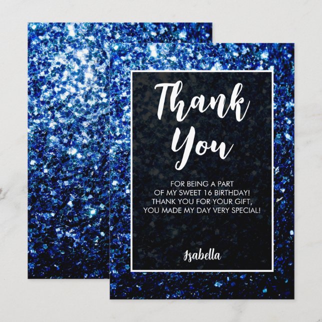 Carte De Remerciements Étincelle bleu foncé Sweet 16 élégant script (Devant / Derrière)