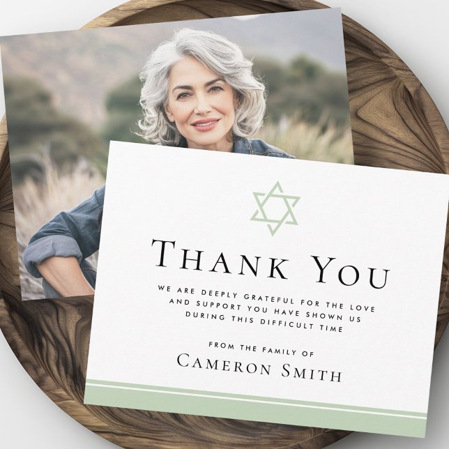 Carte De Remerciements Étoile verte claire de David funérailles photo de  (Light green Star of David funeral sympathy photo Thank You Card)