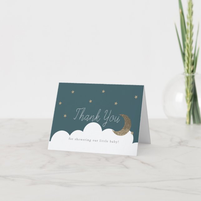 Carte De Remerciements Etoiles d'or & Crecent Lune Baby shower bleu marin (Devant)