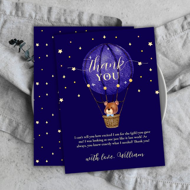 Carte De Remerciements Étoiles modernes Bear Hot Air Balloon Baby shower  (Modern Stars Bear Hot Air Balloon Boy Baby Shower Thank You Card)