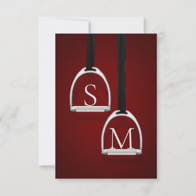 Carte De Remerciements Étriers Monogrammés Rouge Foncé Équestre (Devant)