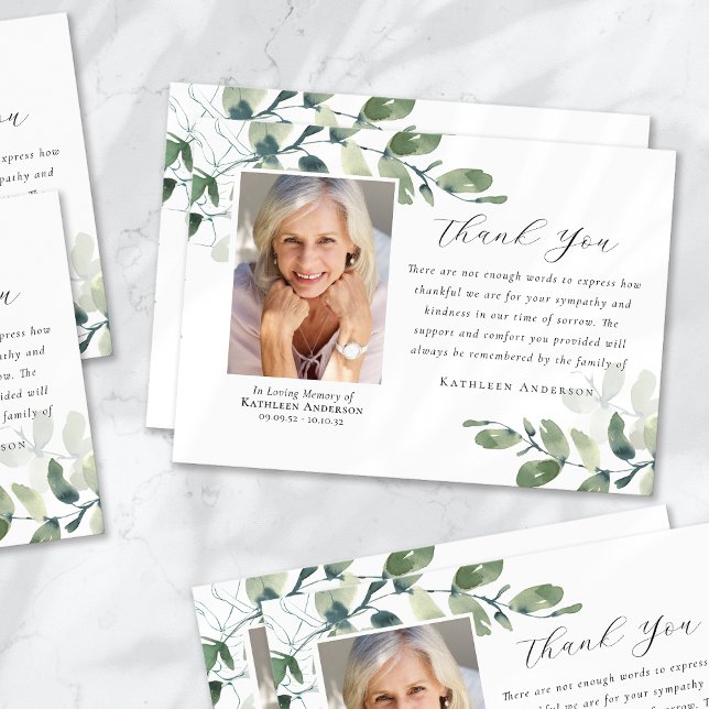Carte De Remerciements Eucalyptus Calligraphie Photo Funérailles (Créateur téléchargé)