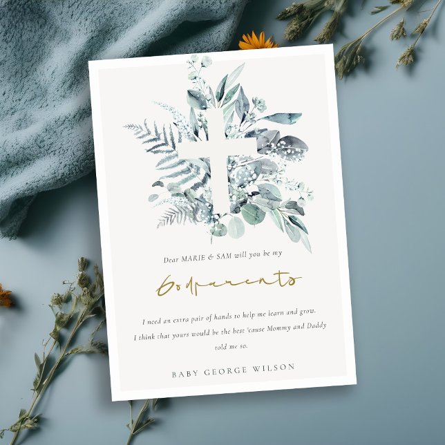 Carte De Remerciements Eucalyptus Fauna Cross Godparents Proposition Invi (Créateur téléchargé)