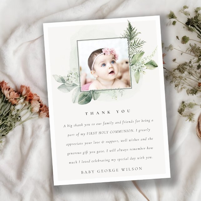 Carte De Remerciements Eucalyptus Fern Foliage Photo Première Communion S (Créateur téléchargé)