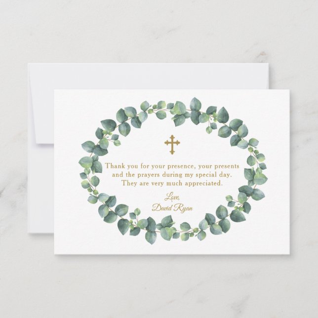 Carte De Remerciements Eucalyptus Foliage Wreath Gold Cross Boy Baptême g (Devant)