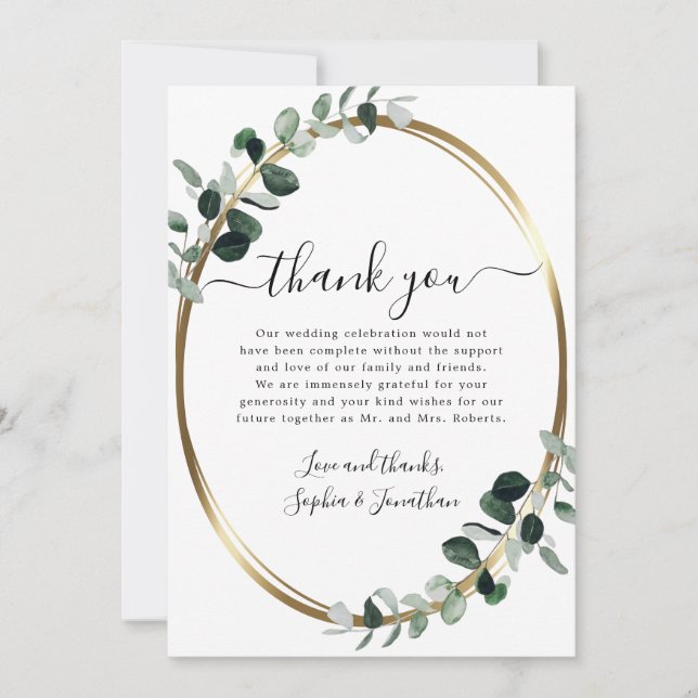 Carte De Remerciements Eucalyptus Gold Élégant Script Mariage blanc (Devant)