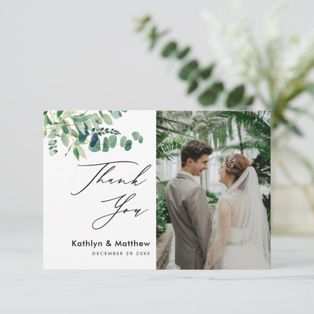 Carte De Remerciements Eucalyptus Green Script moderne Mariage photo (Debout devant)