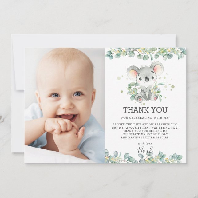 Carte De Remerciements Eucalyptus Koala 1er anniversaire Boy Photo (Devant)