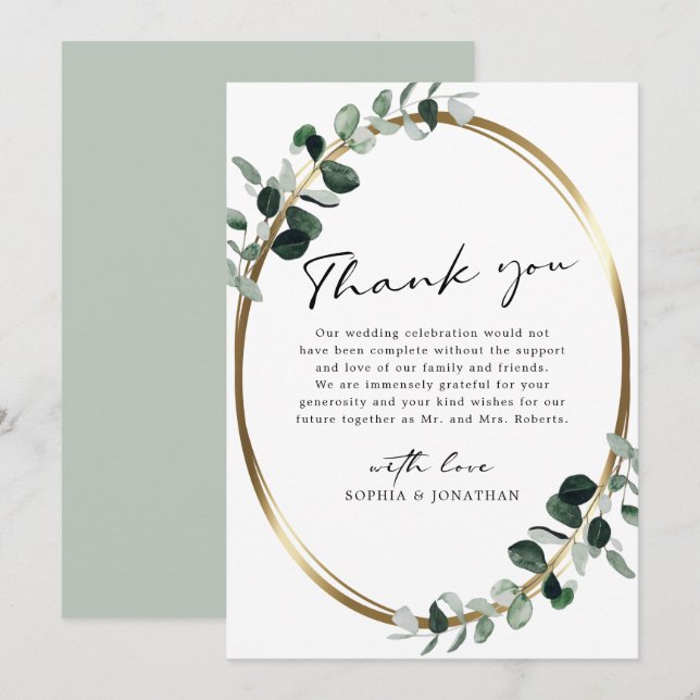 Carte De Remerciements Eucalyptus Moderne Calligraphie Mariage Sage blanc (Devant / Derrière)