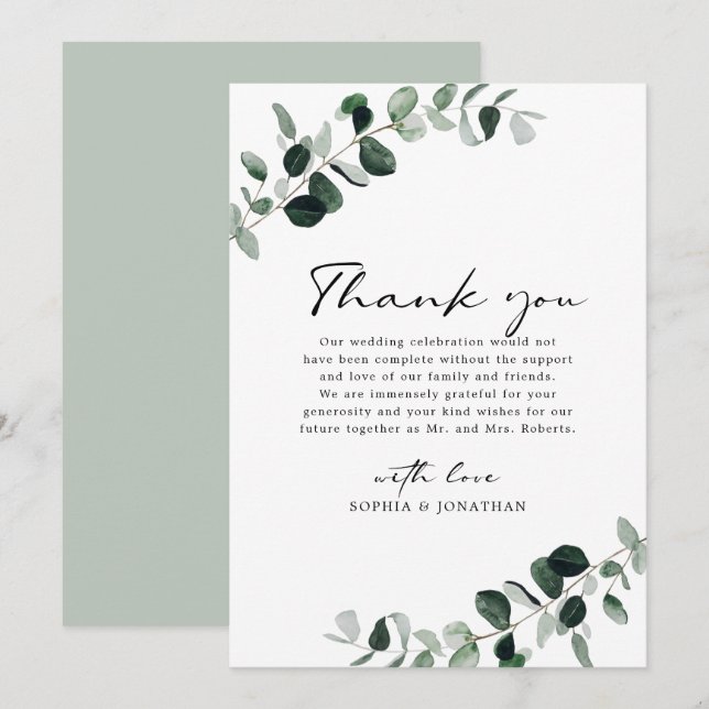 Carte De Remerciements Eucalyptus Verdure Mariage de calligraphie moderne (Devant / Derrière)