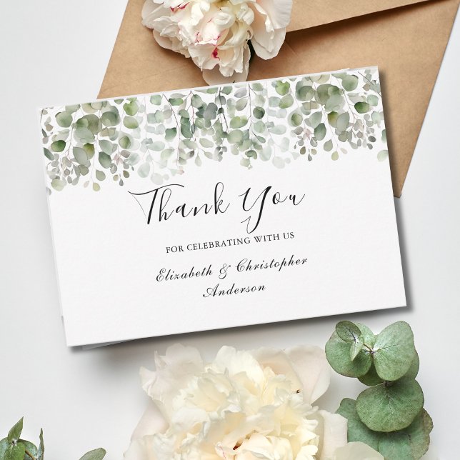 Carte De Remerciements Eucalyptus Vert Elégant Mariage Aquarelle (Eucalyptus Greenery Watercolor Elegant Wedding Thank you card)