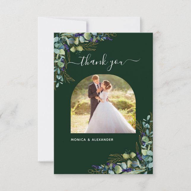 Carte De Remerciements Eucalyptus vert émeraude mariage photo moderne (Devant)