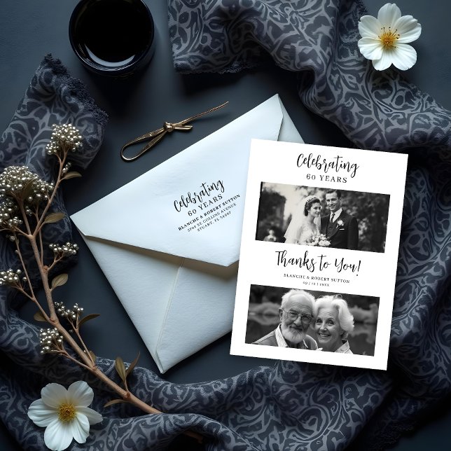 Carte De Remerciements Exquisite Black White Elegant Wedding Anniversarie (Exquisite Black & White Elegant Wedding Anniversarie 2 Photos Thank You Cards.)