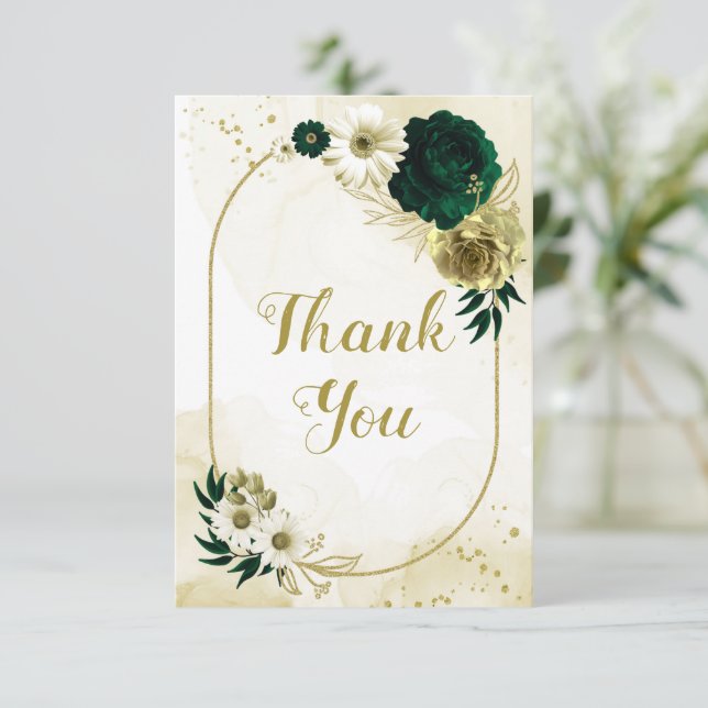 Carte De Remerciements Extraordinaires fleurs d'ivoire vert émeraude géom (Debout devant)