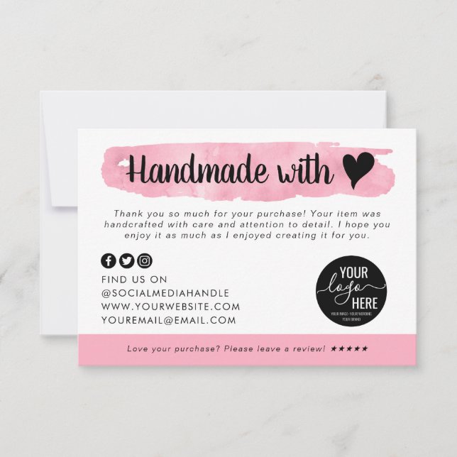 Carte De Remerciements Fabriqué à la main avec amour Coeur rose Business  (Devant)