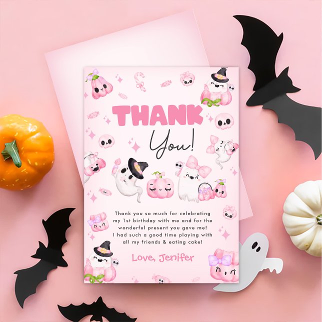 Carte De Remerciements Fantôme rose mignon Halloween Anniversaire (Créateur téléchargé)