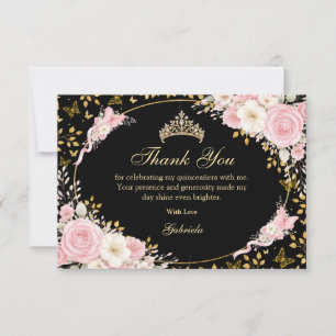 Carte De Remerciements Fard à joues noir et or Rose Quinceañera Papillon