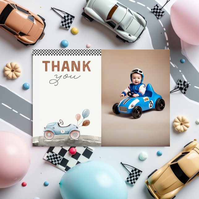 Carte De Remerciements Fast One Two Race Car Anniversaire Photo (Thank you card Fast One Two Fast Birthday Photo)
