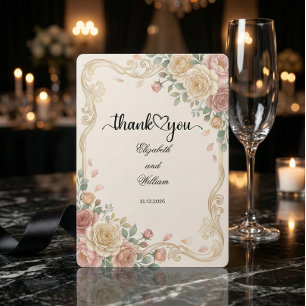 Carte De Remerciements Faux Blush à Feuille D'or Floral Aquarelle