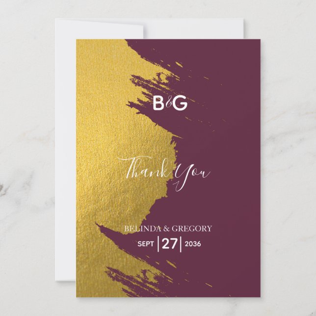Carte De Remerciements Faux Gold Brushstrokies Bourgogne, Mariage Monogra (Dos)