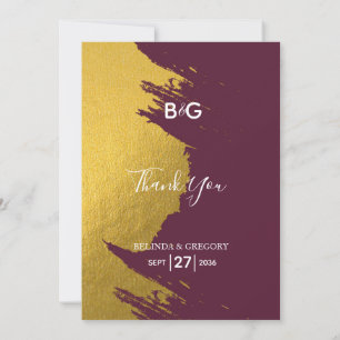 Carte De Remerciements Faux Gold Brushstrokies Bourgogne, Mariage Monogra