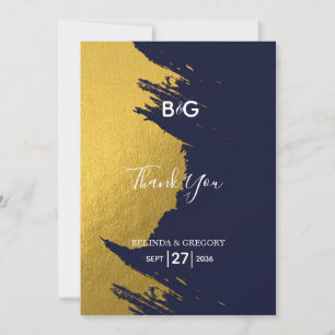 Carte De Remerciements Faux Gold Brushstrokies Marine Blue Monogram Maria