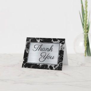 Carte De Remerciements Faux Marbre Noir et Argent Élégante calligraphie