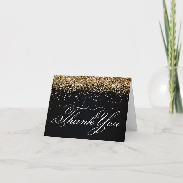Carte De Remerciements Faux Sparkly Gold Parties scintillant Noir (Devant)