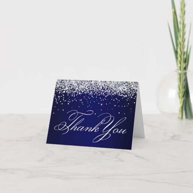 Carte De Remerciements Faux Sparkly Silver Parties scintillant bleu marin (Devant)