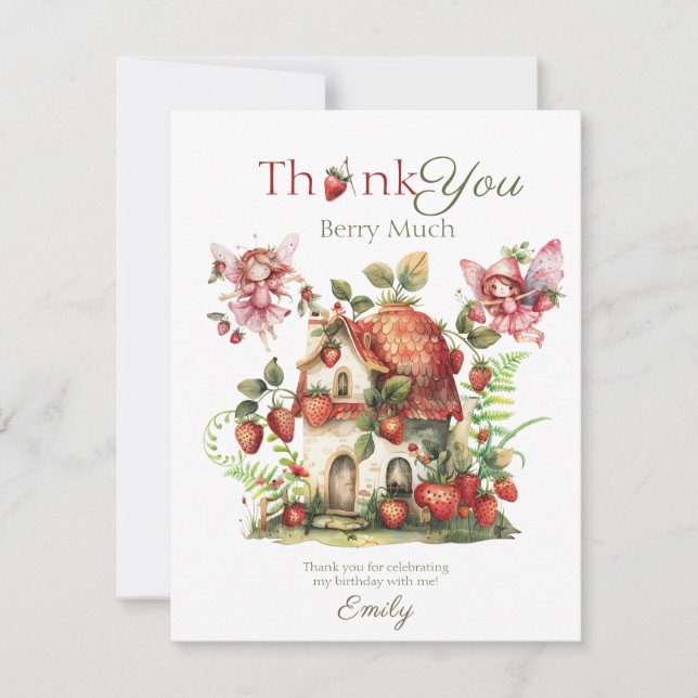 Carte De Remerciements Fée de la fraise Fille douce Premier anniversaire (Devant)