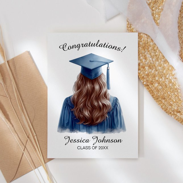 Carte De Remerciements Félicitations Brunette Female Diplômée en bleu (Créateur téléchargé)
