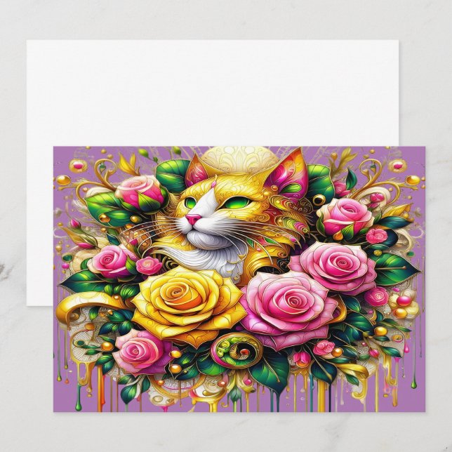 Carte De Remerciements Feline au milieu d'une floraison vibrante (Devant / Derrière)