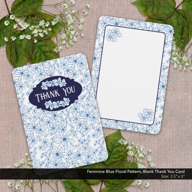 Carte De Remerciements Feminine Blue Floral Pattern, Blank (Blank Thank You Card with Feminine Blue Floral Pattern.)