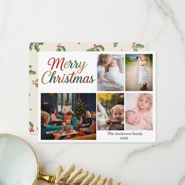 Carte De Remerciements Festive Fun Christmas 5 Photo Holiday Card (Devant/Arrière en situation)