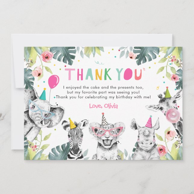 Carte de remerciements Fête Animaux Fille Safari A (Devant)
