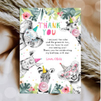 Carte de remerciements Fête Animaux Fille Safari A