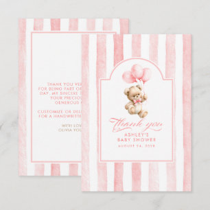 Carte De Remerciements Fête bébé ballons roses et ours en peluche