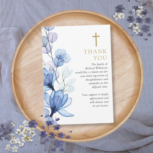 Carte De Remerciements Fête Chrétienne Florale Bleue De La Vie Funéraire (Blue Floral Christian Celebration Of Life Funeral Thank You Card)