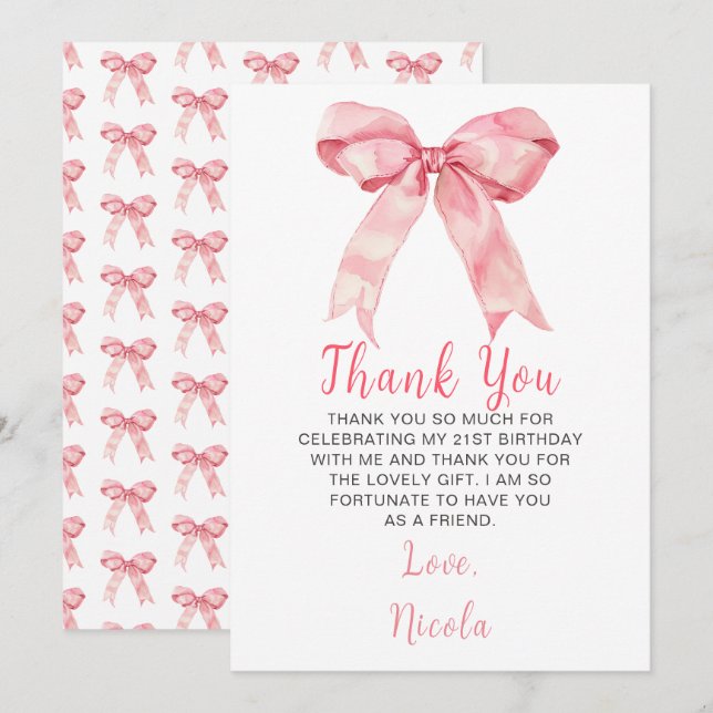 Carte De Remerciements Fête d'anniversaire à ruban coquette rose (Devant / Derrière)