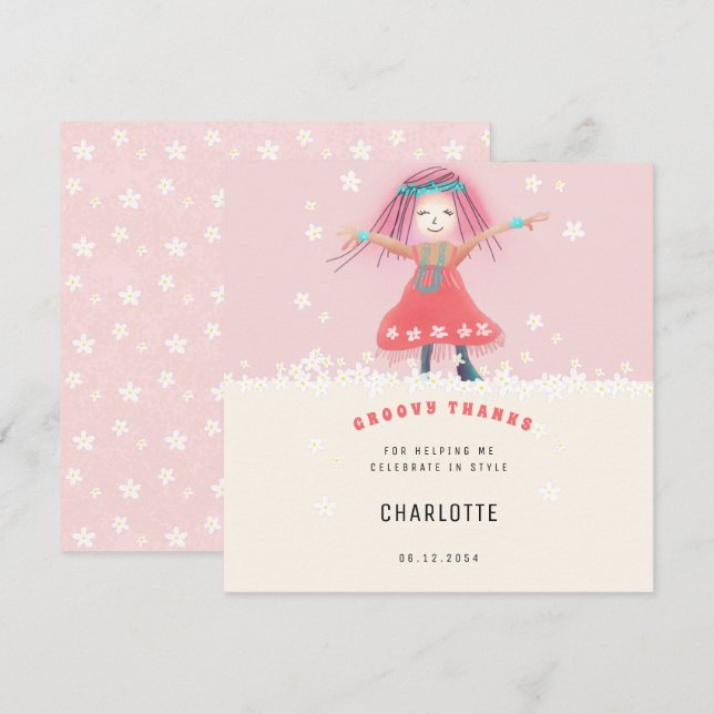 Carte De Remerciements Fête d'anniversaire bohème rose groovy pour fille (Devant / Derrière)