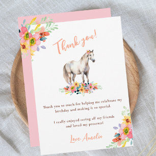 Carte De Remerciements Fête d'anniversaire Cheval Fleur Poney Rose