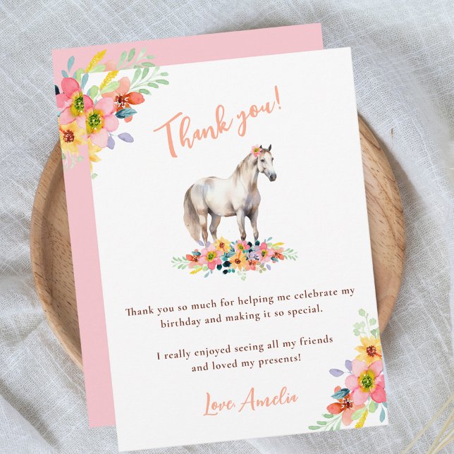 Carte De Remerciements Fête d'anniversaire Cheval Fleur Poney Rose (Créateur téléchargé)
