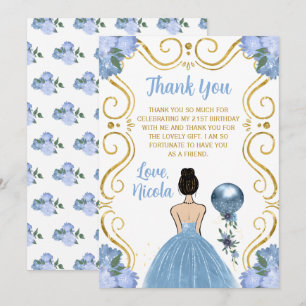 Carte De Remerciements Fête d'anniversaire Cheveux bruns Princesse Bleu 