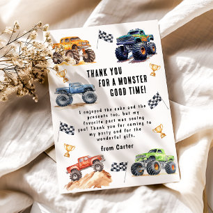 Carte De Remerciements Fête d'anniversaire de camions monstres pour enfan