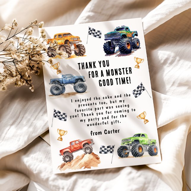 Carte De Remerciements Fête d'anniversaire de camions monstres pour enfan (Créateur téléchargé)