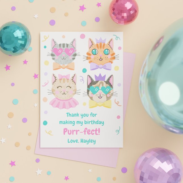 Carte De Remerciements Fête d'anniversaire de chaton mignon rose parfaite (Cute Girly Pink Purr-fect Kitty Cat Birthday Party Thank You Card)
