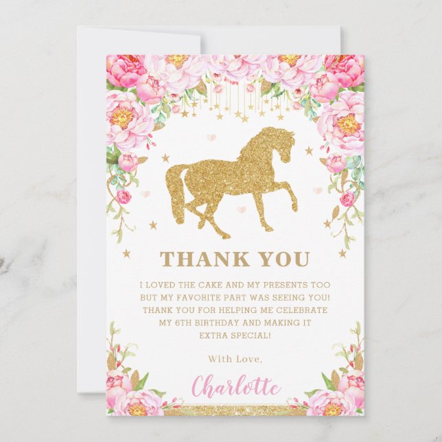 Carte De Remerciements Fête d'anniversaire de cheval à paillettes dorées  (Devant)