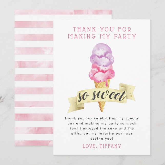 Carte De Remerciements Fête d'anniversaire de fille avec glace rose (Devant / Derrière)
