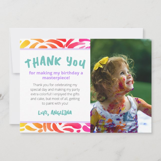 Carte De Remerciements Fête d'anniversaire de fille avec peinture d'art c (Devant)