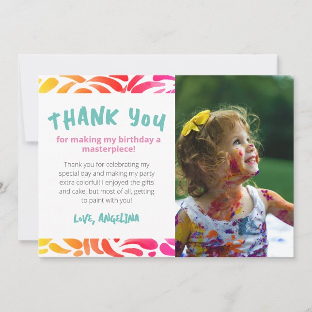 Carte De Remerciements Fête d'anniversaire de fille thème peinture artist (Devant)